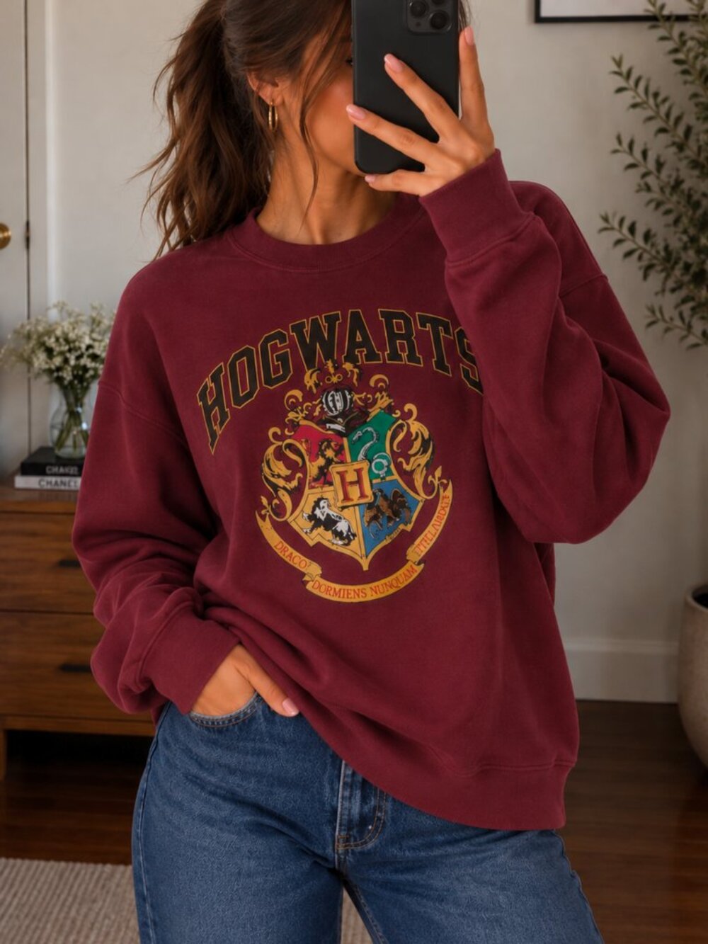 Official Harry Potter Hogwarts Crest Sweatshirt Maroon Oversized XS